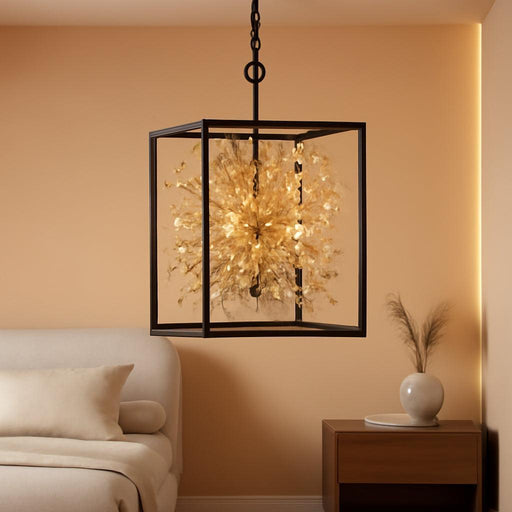 Black and Gold Chandelier, 4-Light Entryway Crystal Chandeliers Foyer Modern Farmhouse Hanging Cage Pendant Light Fixture for Dining Room Kitchen Island Entrance Staircases Hallway, H21 Inch