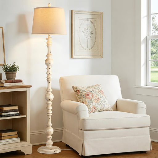 Vintage Floor Lamp for Living Room,61" Tall Rustic Standing Lamp with Linen Lampshade, Rotary Switch Farmhouse Floor Lamp for Bedroom, Corner, Dining Room, Home Decor, Shabby White