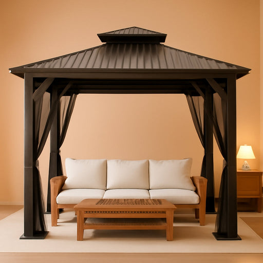 10X10 Hardtop Gazebo, Metal Gazebo with Frame, Outdoor Gazebos with Mosquito Net, Double Roof Hard Top Gazebos for Patios