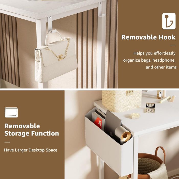 White Vanity Table with Lighted Mirror - 47“ White Vanity Desk with Mirror and Lights & Chair, Makeup Vanitys Set with Power Outlet, Dressing Table Vanities for Girls Bedroom