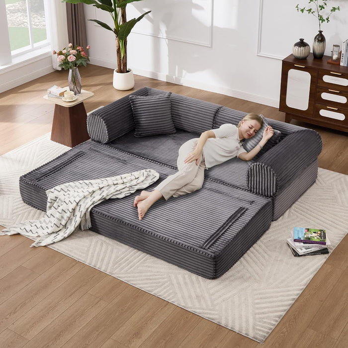 Gray Corduroy Convertible Sectional Sofa Bed Cushions