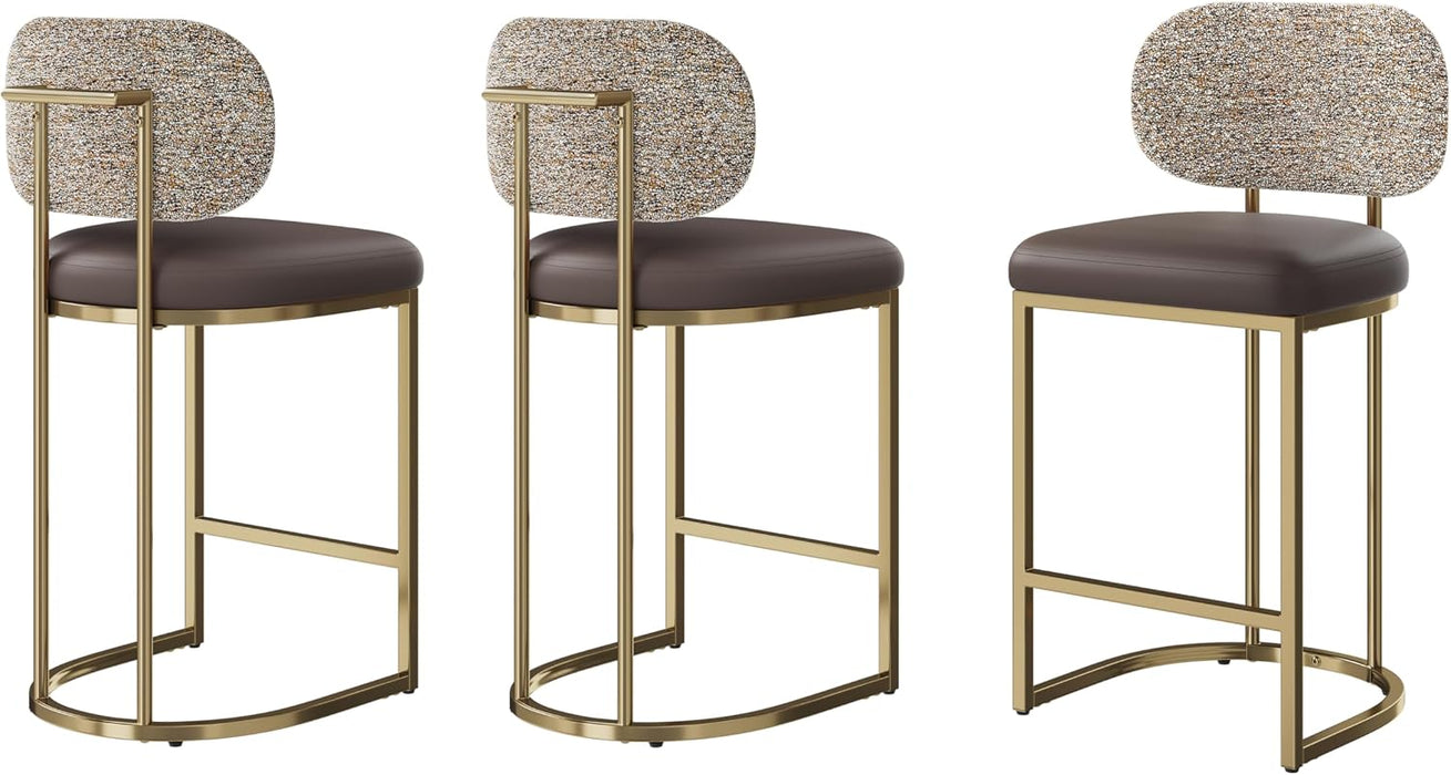 Counter Height Bar Stools Set of 3, Kitchen Barstools with Back | 24 Inch Modern Bar Stool, Metal Gold Barstool for Kitchen Island, Faux Leather Countertop Stools, Taupe