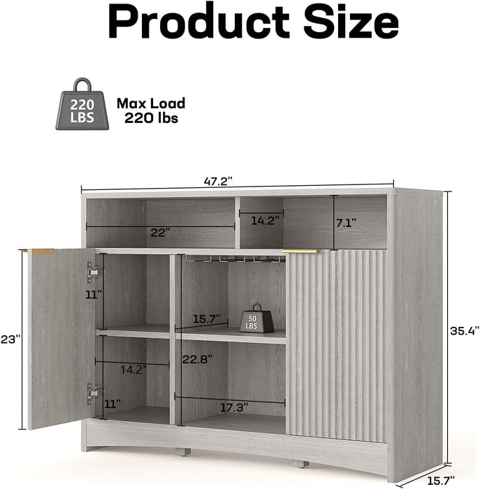 47.2" Bar Cabinets with Storage, Modern Buffet Cabinet, Large Sideboard with 2 Fluted Panel Doors, Coffee Bar Cabinet with Adjustable Shelf and Glass Rack for Kitchen, Living Room, Grey