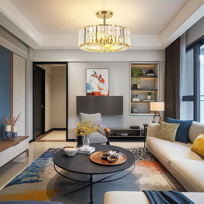 4-Light Crystal Ceiling Light Fixture - 14.56 Inch Modern Semi Flush Mount Ceiling Light Crystal Chandelier for Kitchen Bedroom Dinning Room Hallway - Gold