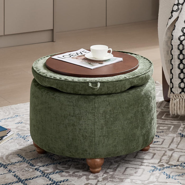 24Inch round Storage Ottoman with Tray, Modern Tufted Circle Coffee Table with Storage, Upholstered Ottoman with Removable Top for Living Room, Bedroom, Chenille Green