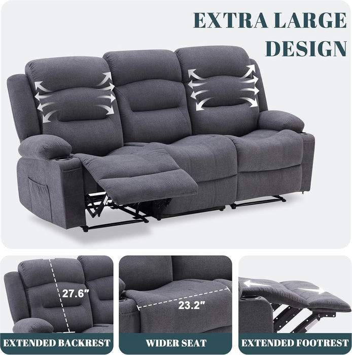 Oversized Recliner Sofa with Heat and Massage, Big Large 3-Seater RV Recliner Couch Sofa for Living Room, Wall-Hugger Reclining Sofa with Cup Holders and USB Port (Fabric, Grey)