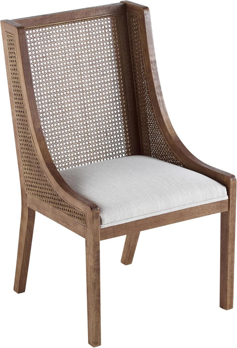 Yone Dining Chairs Set of 2, Modern Dining Chair with Fabric Upholstery, Rubberwood Frame Kitchen Chairs with Cane Webbing, Extra Seat for Dining Room, Beige + Brown