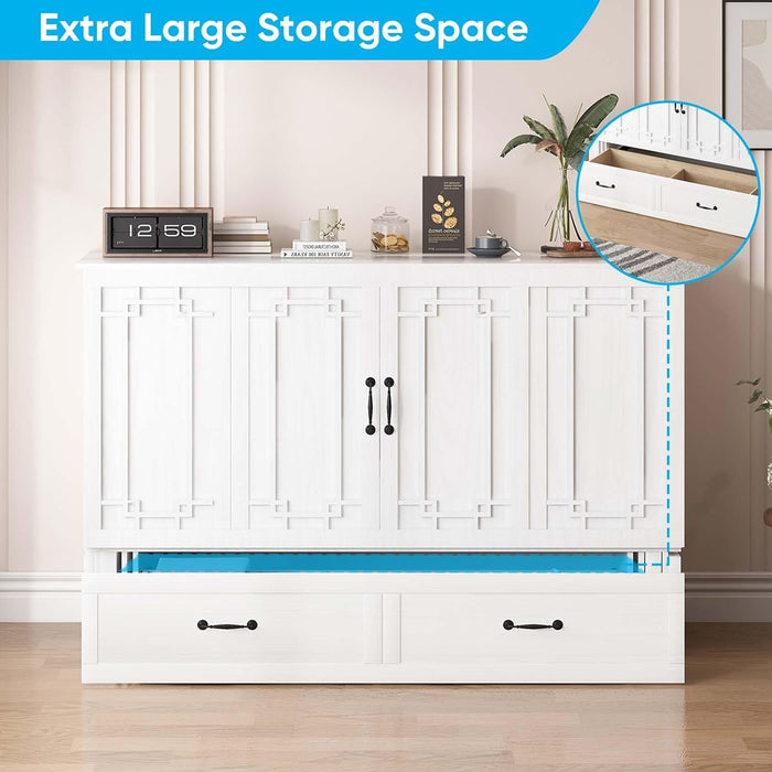 Murphy Bed, Queen Size Cabinet Bed with USB Ports & 2 Large Drawers, Hidden Guest Beds with Tri-Folding Mattress, Multifunctional Adult Murphy Cube Beds for Guest Room Bedroom Offices, White