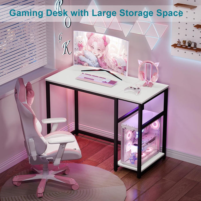 Computer Desk 40 Inches with 2-Tier Shelves Sturdy Home Office Desk with Large Storage Space Modern Gaming Desk Study Writing Laptop Table, White Desk