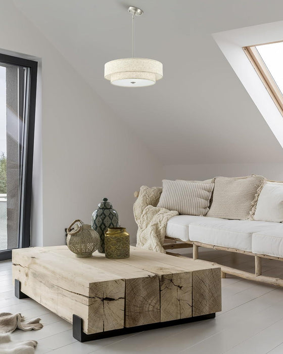 Modern Chandeliers, 18" Drum Chandeliers with 2-Layer Fabric Shade, 4-Light Pendant Light Fixture with E26 Base, Light Fixture for Dining Room Bedroom Living Room, Linen Shade & Nickel Finish