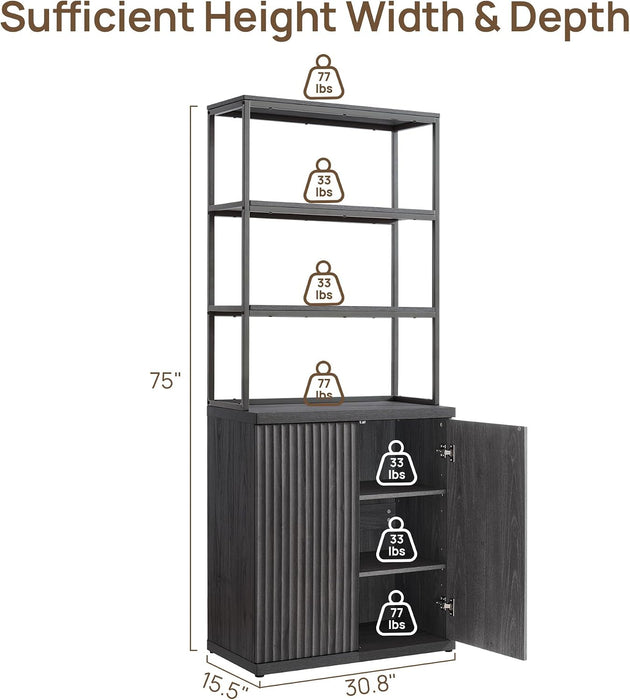 Fluted Book Shelf with Doors 75" Tall Bookshelf with Storage | 6 Tier Large Bookcase with Bottom Cabinet - Modern Metal Book Case for Living Room, Home Office, Kitchen, 3 Pieces