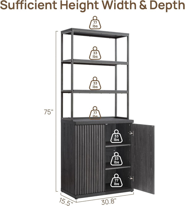 Fluted Book Shelf with Doors - 75" Tall Bookshelf with Storage 6 Tier Large Bookcase with Bottom Cabinet - Modern Metal Book Case for Living Room, Home Office, Kitchen and Library, 1 Piece