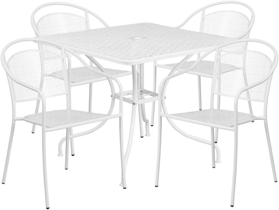 Oia Commercial Grade 35.5" Square White Indoor-Outdoor Steel Patio Table Set with 4 round Back Chairs