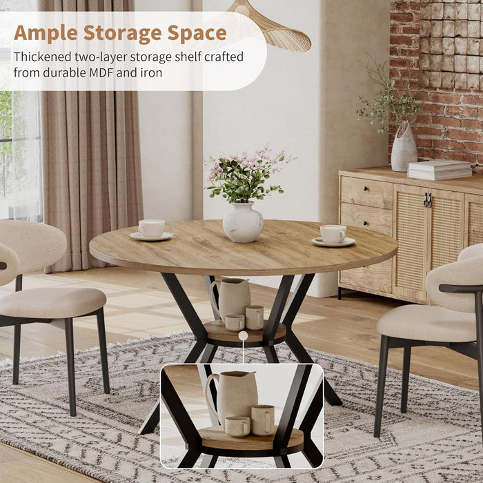 Round Dining Table for 4, 42 Inch Farmhouse Kitchen Table with Storage, Rustic Wooden Circle Dinner Pedestal Table with Metal Legs, Space Saving Kitchen & Dining Room Furniture, Natural Wood