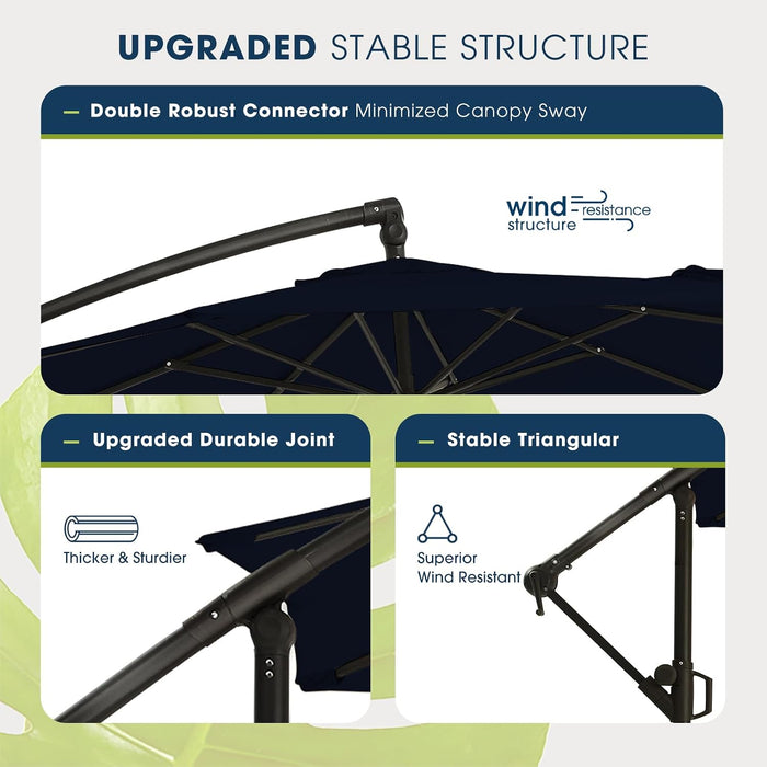 10Ft Patio Umbrellas Offset Outdoor Umbrella Cantilever Hanging Umbrellas W/Infinite Tilt, Fade Resistant Waterproof RECYCLED FABRIC Canopy & Cross Base, for Yard, Garden & Deck, Navy Blue