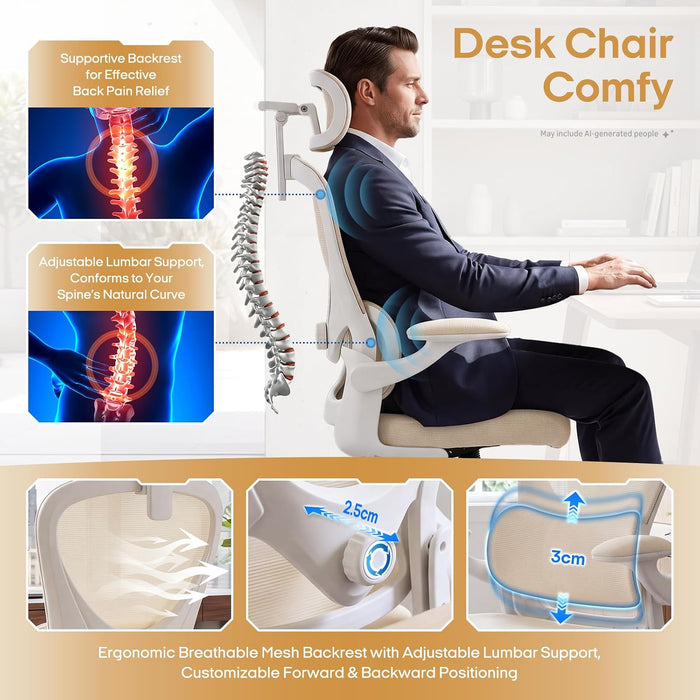 Ergonomic Office Chair, High Back Home Office Chair with 4D Adjustable Headrest & Lumbar Support, 330Lbs Capacity Mesh Desk Chair with Flip-Up Arms, Comfortable Computer Chair, Beige