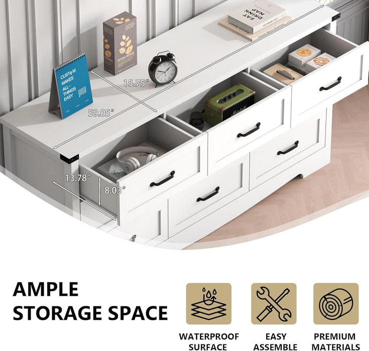 White Dresser for Bedroom, 59'' Wide Wooden Chest of Drawers with Natural Wood Texture, 9 Drawer Dresser for Closet with Metal Handles, Sleek Storage Solution for Living Room, Office, Hallway