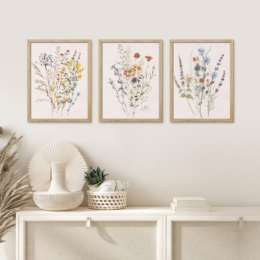 Framed Canvas Print Wall Art Set - Multicolor Wildflowers Poster Art - Set of 3 Watercolor Nature Wilderness Floral Botanical Vintage Wall Décor for Living Room - 12"X16" Natural