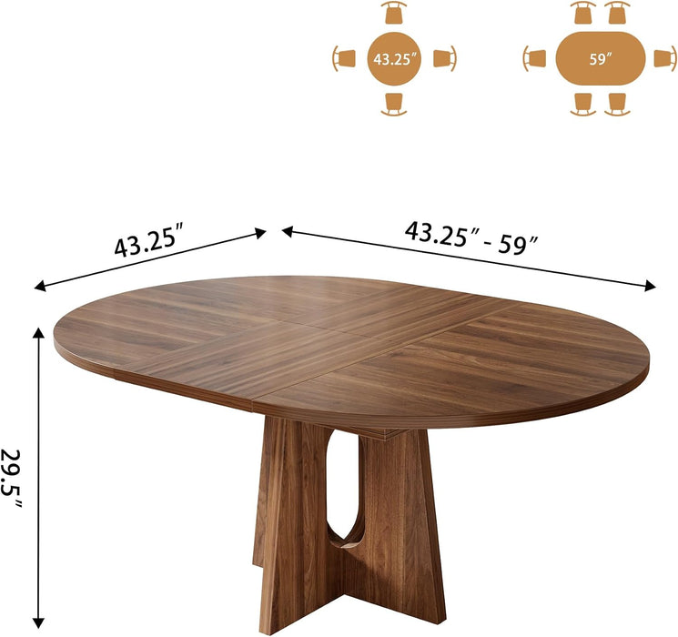 59-Inch Extendable Dining Table, Kitchen Table for 4-6 People | Farmhouse Wood Space-Saving Expandable Dinner Table, round to Oval Pedestal Dining Table, Dark Brown Walnut