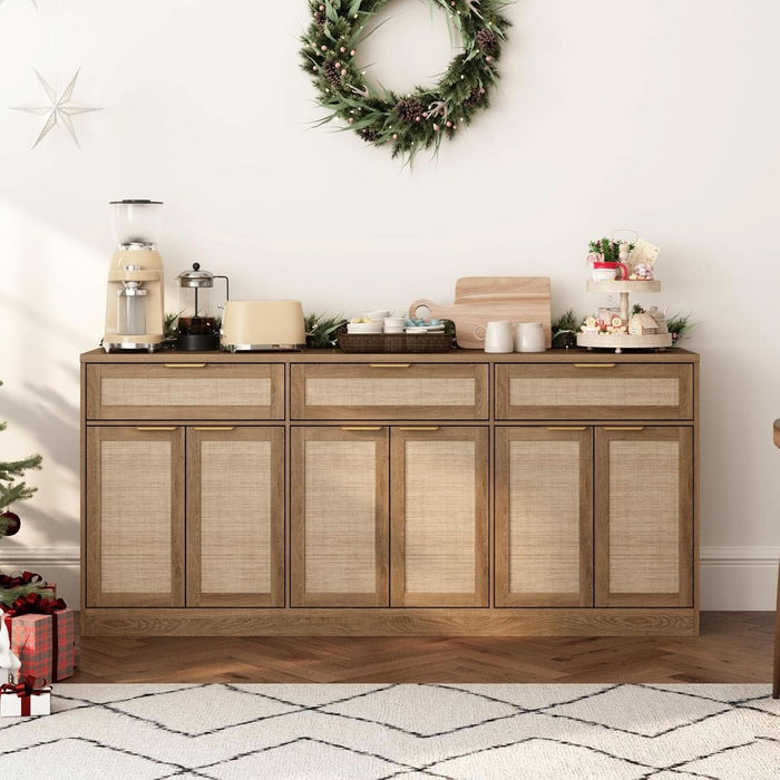 70" Rattan Sideboard Buffet Cabinet, Large Credenza Storage Cabinet