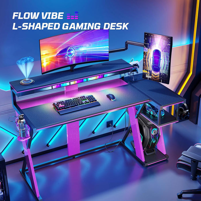 Computer Desk with Music Sync Light, Flow Vibe Corner Desk with Monitor Stand and PS5 Storage Shelves, Cup Holders, and Headset Hooks for Bedroom Small Space (Black Purple, 57 Inch)