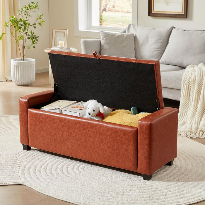 Ottoman with Storage,Tufted Storage Bench with Safety Hinge,Holds up to 330 Lb,Upholstered Bench with Seating for Bedroom, Living Room,Entryway,Leather Reddish Brown