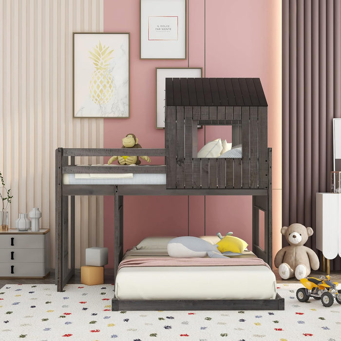 Antique Gray TwinOverFull BunkBedWithRoofAndGuardrails