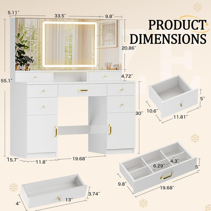 Vanity Desk with 3 Way Mirror and Lights, Large Makeup Vanity Table Set with Charging Station, 3 Lighting Modes & 360° View Mirror, 7 Drawers Dressing Table for Women Girls Bedroom, White