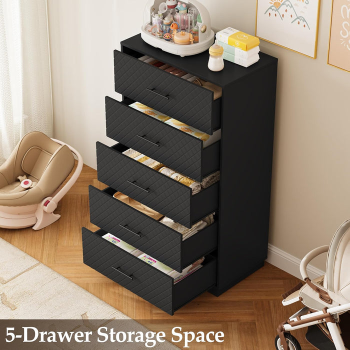Tall Dresser with 5 Drawers, Modern Wooden Chest of Drawers with Diamond Panel, Anti-Tipping Device, Sturdy and Stable Storage Organizer for Bedroom, Hallway, Living Room