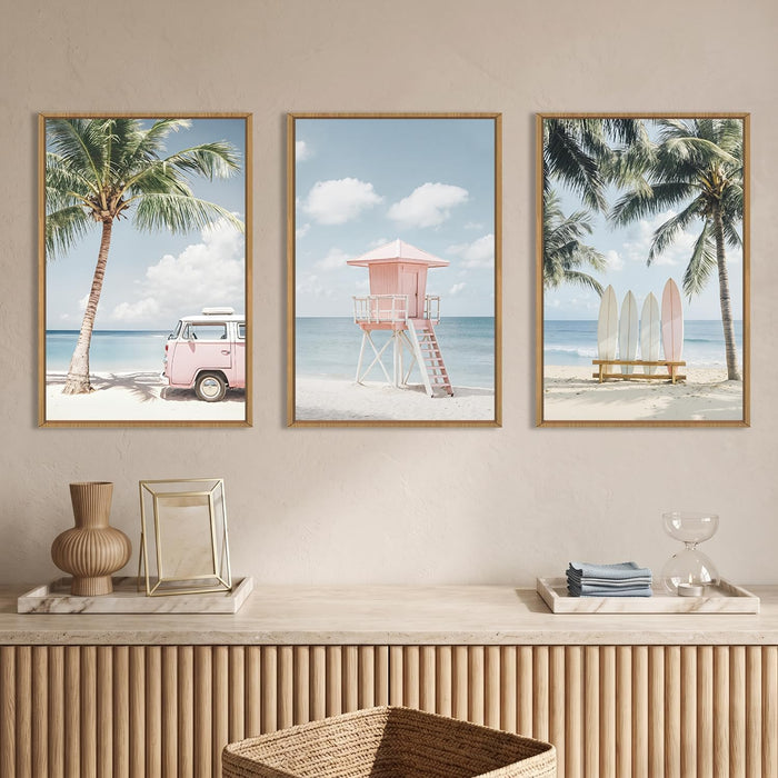 Large Beach Seascape Ocean Framed Canvas Wall Art Set,Modern Coastal Surfboard Palm Tree Wall Decor,Summer Pink Van Artwork for Living Room,Bedroom,Dining Room,Office-16 X24 X3