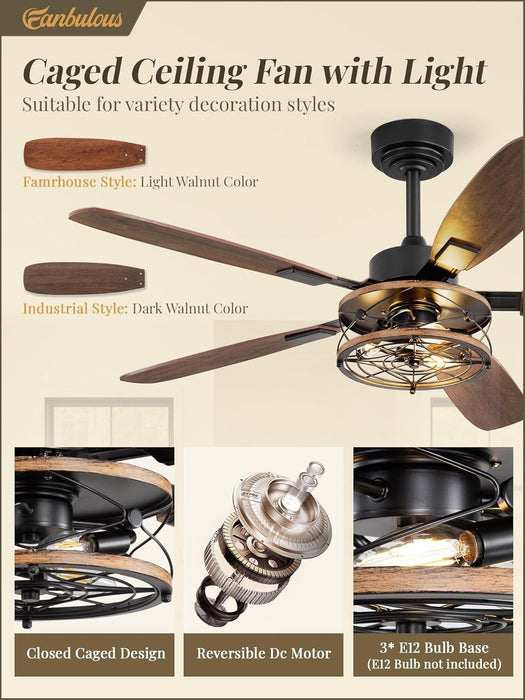 52 Inch Farmhouse Ceiling Fan with Light and Remote, Black Industrial Caged Flush Mount Ceiling Fans with 6 Speed Reversible Motor and Dual Finish 5 Blades, Rustic Ceiling Fan for Living Room, Bedroom
