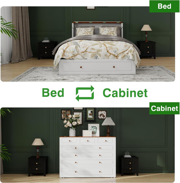 Queen Murphy Bed Included Mattress：Wood Murphy Bed Cabinet with USB Charging Station and Large Storage Drawer for Bedrooms/Guest Rooms/Apartments, White-1