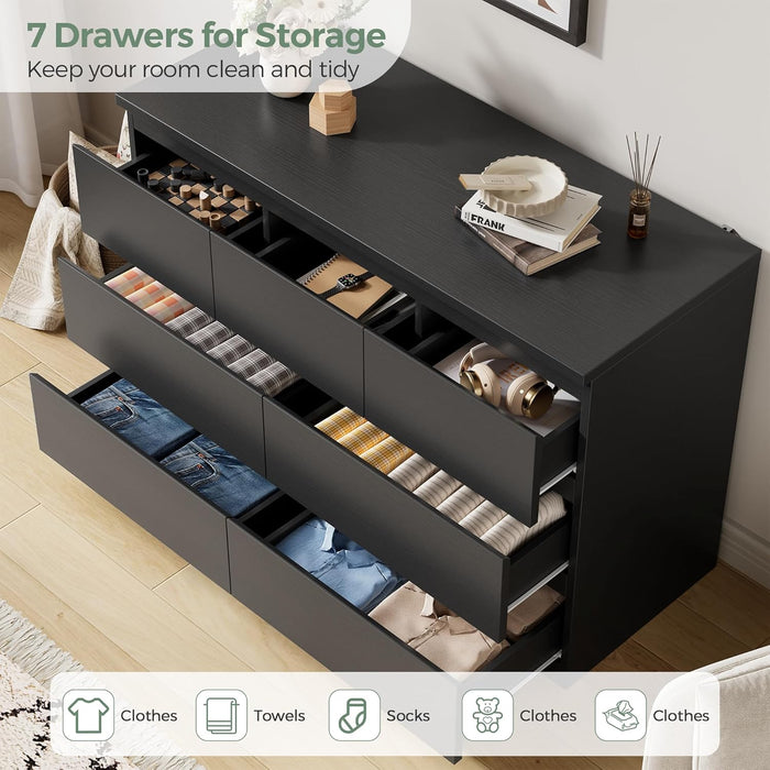 Modern Black 7 Drawer Dresser for Bedroom, Simply Chest of Drawers, Wood Storage Dresser with Deep Drawers for Living Room Hallway Entryway, Black
