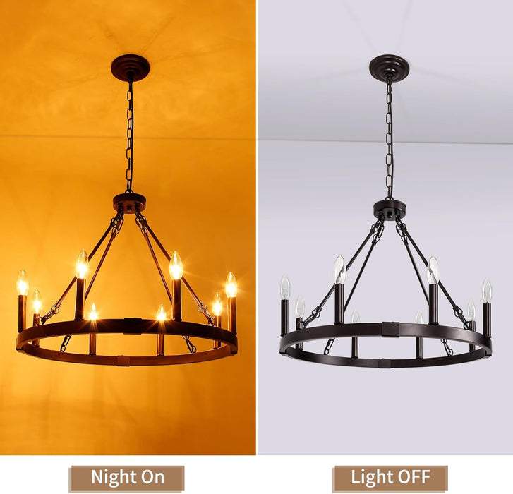 8 Light Wagon Wheel Chandelier, 23.6" Oil-Rubbed Bronze Dining Room Light Fixture with Adjustable Height, Industrial Hanging Lights for Living Room Bedroom Foyer Entryway,E12 Base