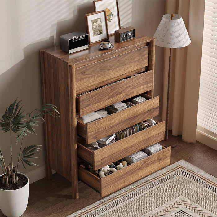 45" Tall Walnut 5 Drawer Dresser for Bedroom with Solid Wood Legs