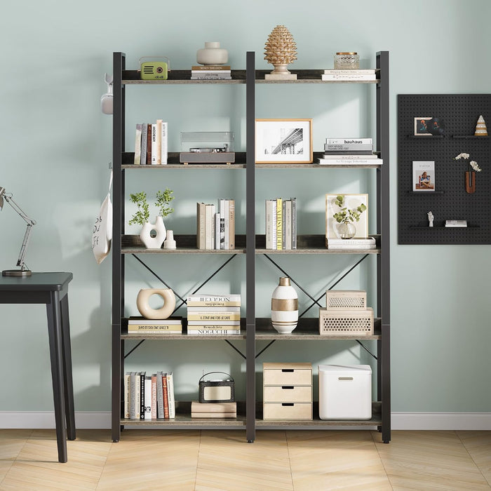 Large Industrial Grey Wooden 5 Tier Bookshelf