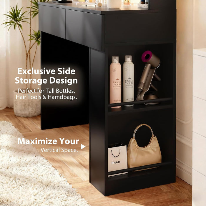 Vanity Desk with Mirror and LED Lights, Makeup Vanity Table with 3 Lighting Color, Adjustable Brightness, Vanity Table with 2 Drawers, Side Storage, for Bedroom (Black, with Bench)