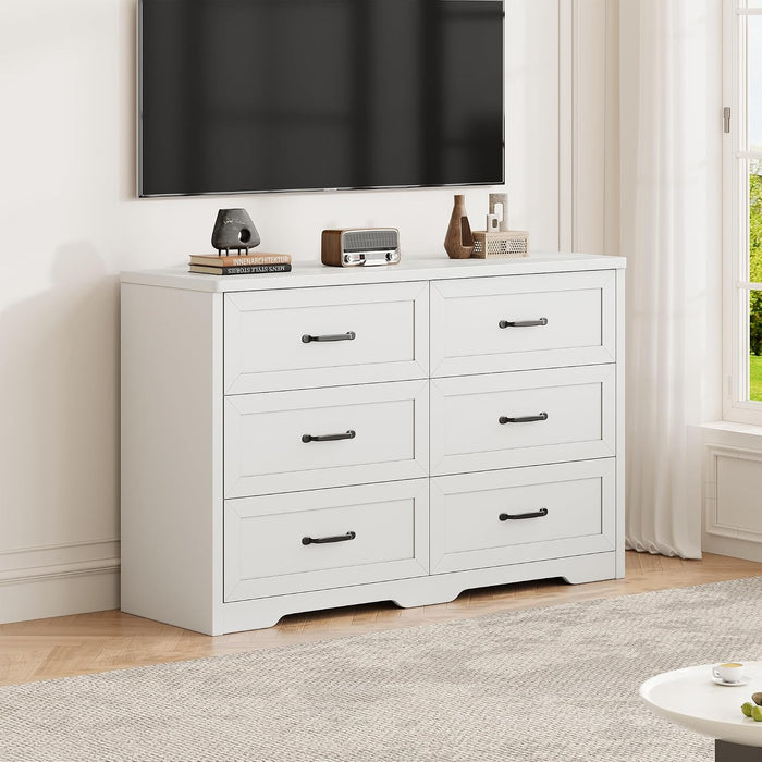 Farmhouse 6 Drawer Dresser for Bedroom, 47" W Modern Chest of Drawers with Metal Handles, Wood Dresser TV Stand, Dresser Drawer Organizer for Closet, Living Room,Hallway,White