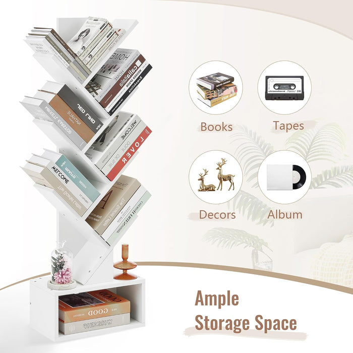 6 Tier Tree Bookshelf, Tall Bookcase with Drawer, Freestanding Book Shelf, Display Floor Standing Storage Shelf, Book Organizer Shelves for Home Office, Living Room, Bedroom, White