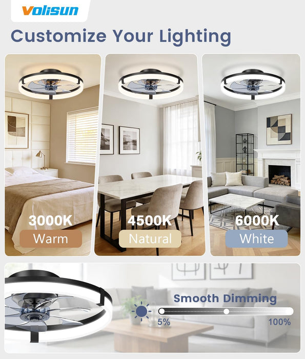 Low Profile Ceiling Fans with Lights and Remote, 20In Flush Mount Ceiling Fans with Light, 3000K-6500K Dimmable Fandelier Ceiling Fan, Black Bladeless Ceiling Fan for Bedroom