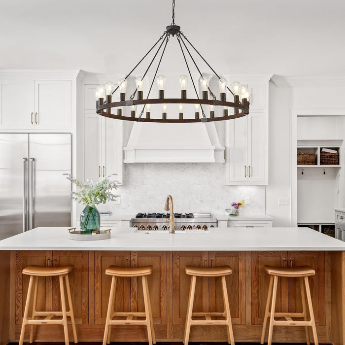XL Handcrafted MatteBlack Walnut WagonWheel Chandelier