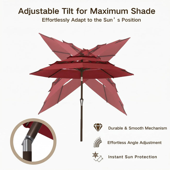 9Ft 3-Tier Patio Umbrella, Outdoor Table Umbrella with Easy Crank & Tilt, 8 Reinforced Ribs, UV Protection for Deck, Pool, Market, Backyard (Red)