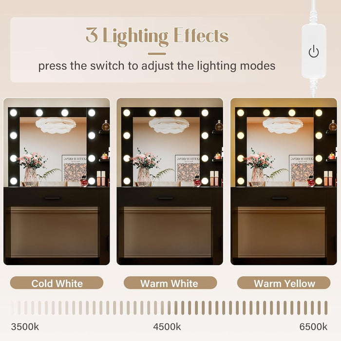 35.4" Vanity Desk with LED Mirror & Power Outlet, Makeup Vanity Table with 3 Open Storage Shelves, Drawers and Cabinet, 3 Model Adjustable Lights for Bedroom & Dressing Room (Black)