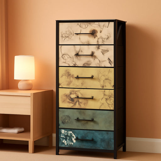 Tall 6 Drawers Dresser, Vintage Storage Organizer Unit with Fabric Bins for Bedroom, Living Room, Closet, Nusery, Dorm, Entryway, Bedside Furniture, Sturdy Metal Frame, Wood Top
