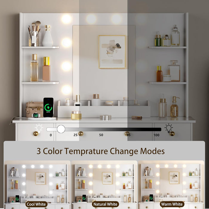 Vanity Desk with Mirror and Lights, Makeup Vanity with Mirror and LED Lights & Power Outlet, 3 Drawers and Cabinets, 3 Lighting Modes Dressing Table Set for Girls Women Bedroom, White
