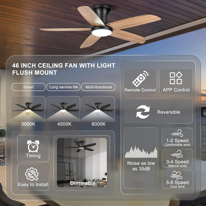 Ceiling Fan with Lights, 46" Flush Mount Ceiling Fans Remote/App Control - Dimmable, Quiet DC Motor, Indoor Ceiling Fans for Bedroom Kitchen, Black