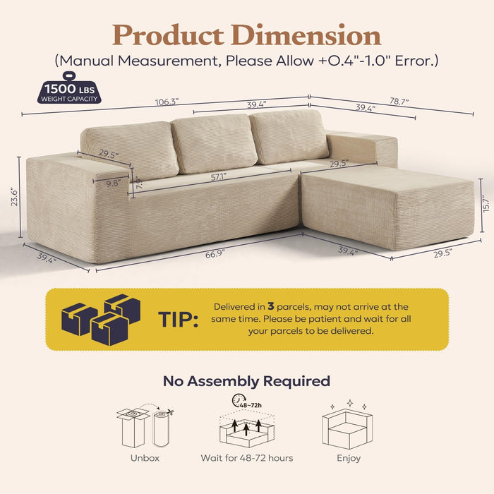 106 Inch Cloud Sectional Sofa Beige ContemporarySofa