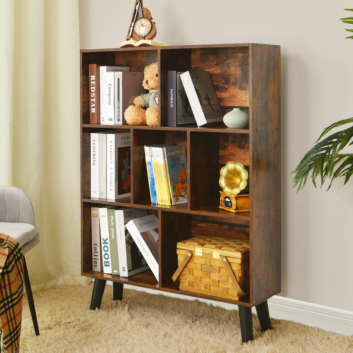 Cube Bookshelf 3 Tier Mid-Century Rustic Brown Modern Bookcase with Legs,Retro Wood Bookshelves Storage Organizer Shelf,Freestanding Open Book Shelves for Bedroom,Living Room,Office