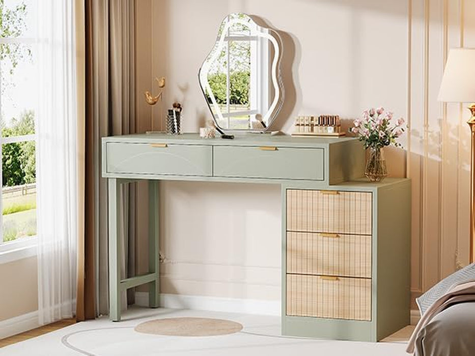 Makeup Vanity Desk with 5 Drawers, Modern Small Dressing Desk with Storage, Wood Make up Table for Bedroom, Narrow Space (Without Mirror), Mint Green