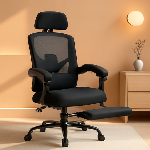 Home Office Desk Chair with Footrest, High-Back Mesh Rolling Swivel Reclining Chairs with Wheels, Comfortable Headrest, Lumbar Support, Comfy Arms for Home, Office, Gaming, Student, Black